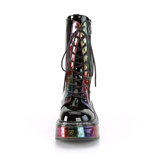 Demonia Women's Emily-350 Platform Mid Calf Boots - Black Rainbow Hologram w D5340-87US Clearance